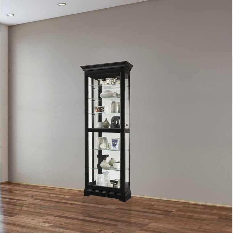 Black Satin Traditional Lighted Curio Cabinet with Glass Shelves