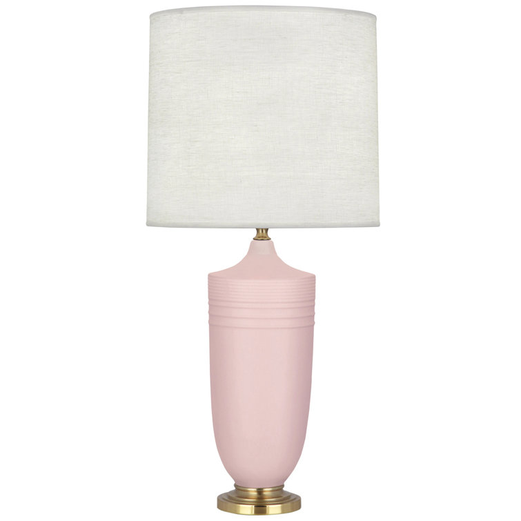 Matte Woodrose Ceramic and Modern Brass Table Lamp with Oyster Linen Shade