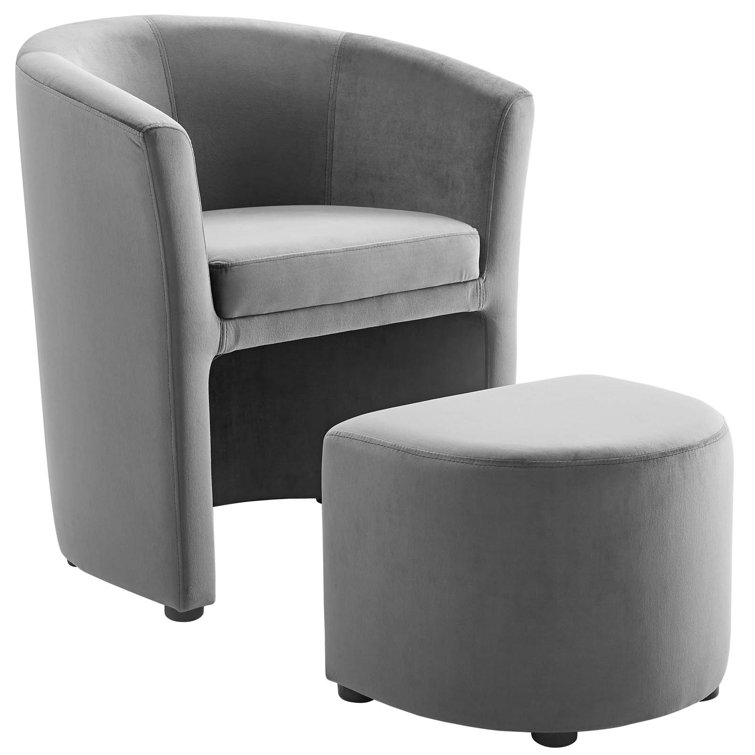 Gray Velvet and Wood Accent Chair with Ottoman