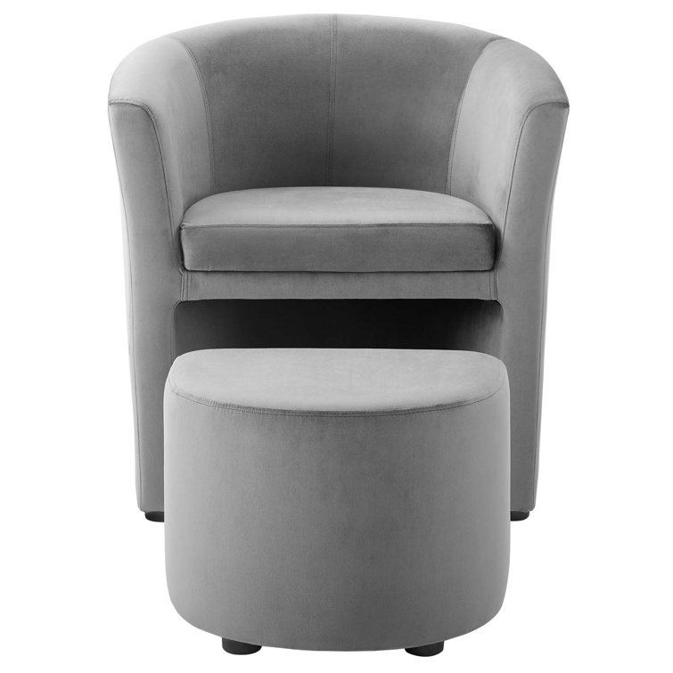Gray Velvet and Wood Accent Chair with Ottoman