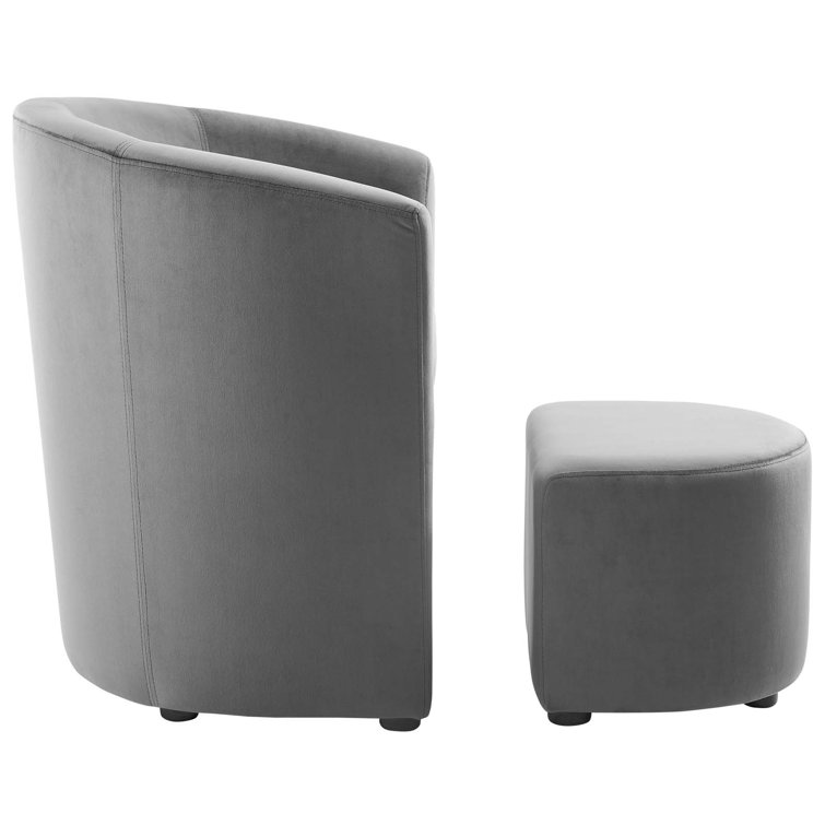 Gray Velvet and Wood Accent Chair with Ottoman