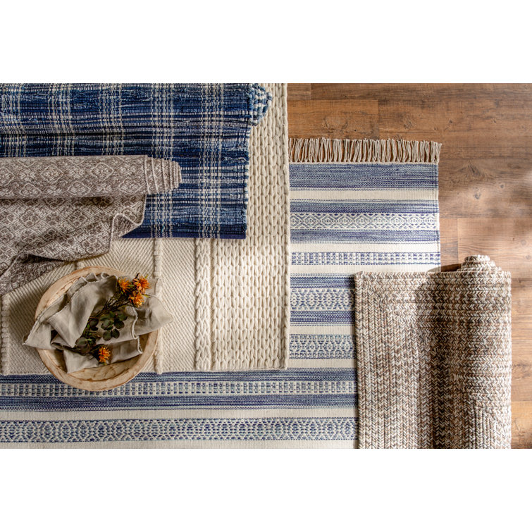 Handmade Blue Plaid Wool and Cotton Area Rug 3' x 5'