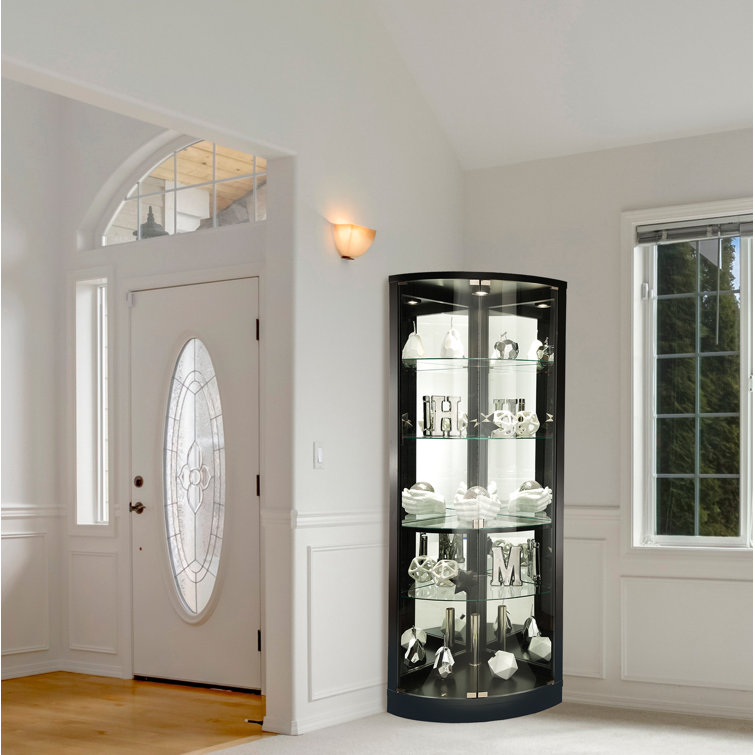 Black Satin Lighted Corner Curio Cabinet with Glass Shelves