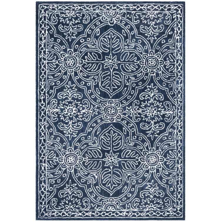 Handmade Navy and Ivory Wool Tufted Rectangular Rug 2' x 3'