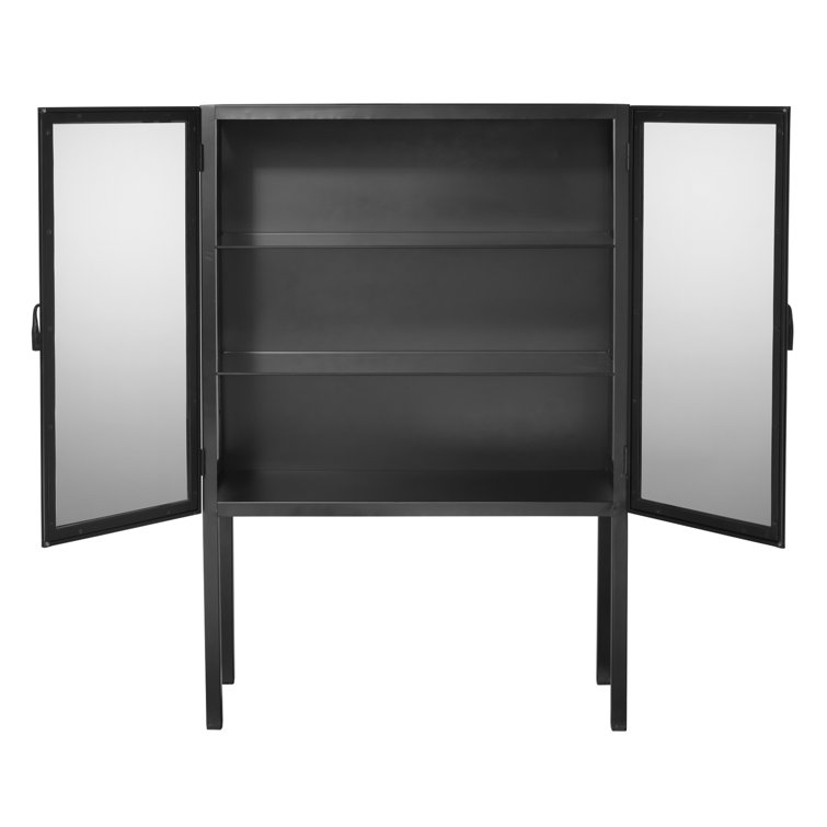 Lomita Minimalist Black Iron & Clear Glass Wide Storage Cabinet