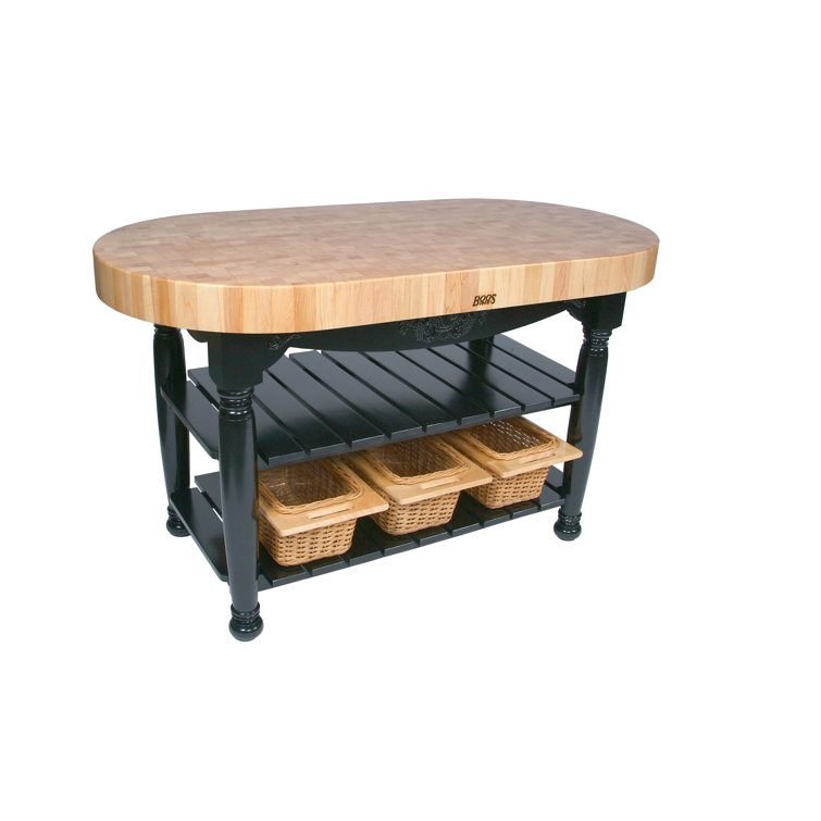 Harvest 60" Oval Maple Butcher-Block Table with Wicker Baskets in Caviar Black