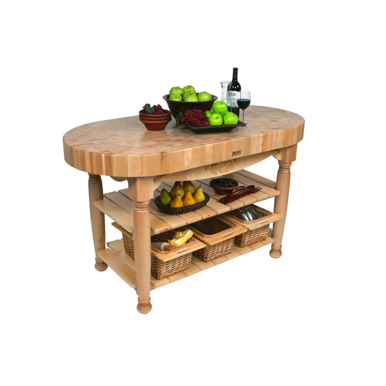 Natural Maple 60" Butcher-Block Harvest Table with Wicker Baskets