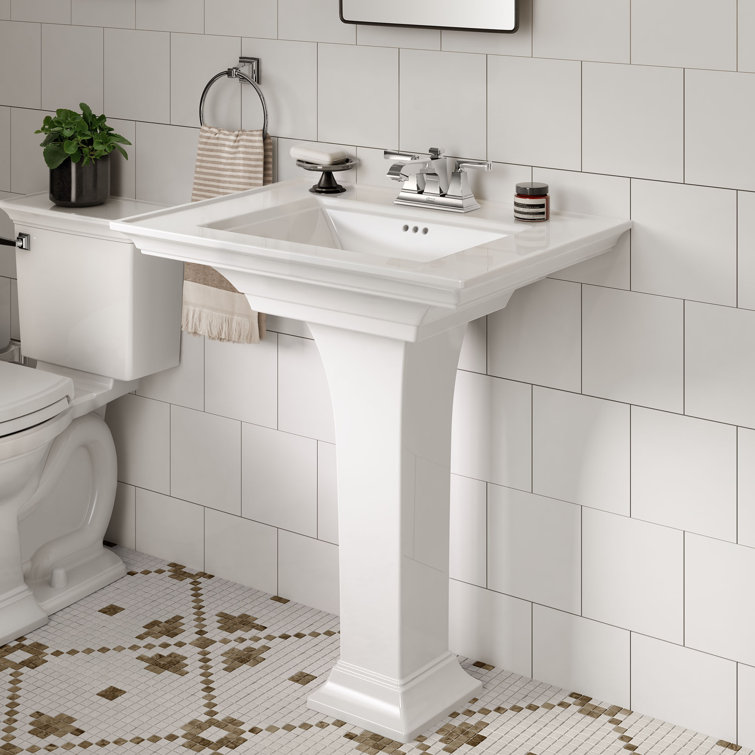 White Ceramic Rectangular Pedestal Bathroom Sink with Overflow
