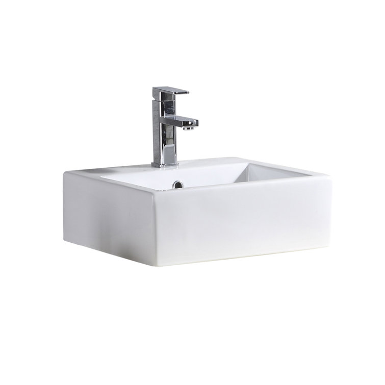 Glossy White Ceramic Square Vessel Bathroom Sink with Overflow