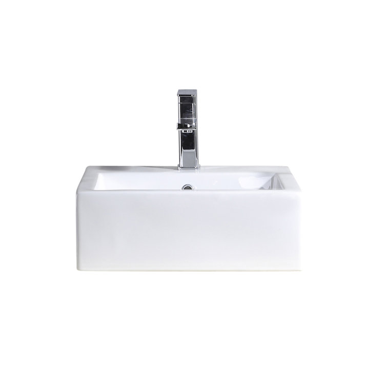 Glossy White Ceramic Square Vessel Bathroom Sink with Overflow