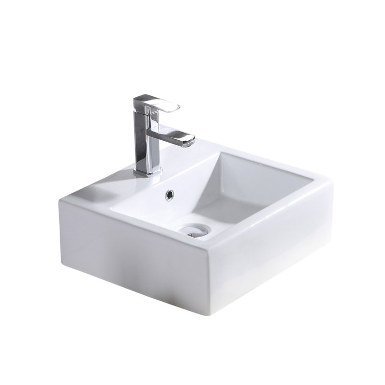 Glossy White Ceramic Square Vessel Bathroom Sink with Overflow