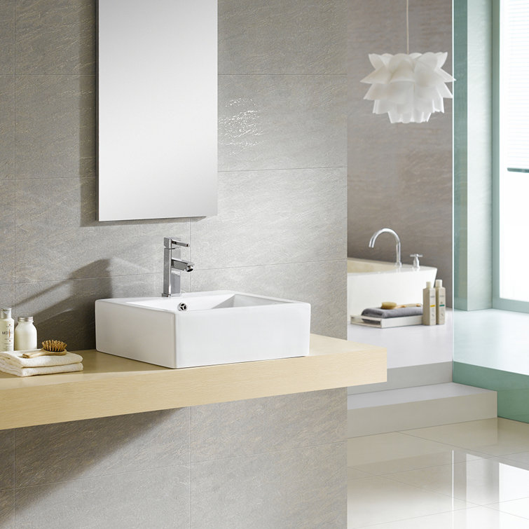 Glossy White Ceramic Square Vessel Bathroom Sink with Overflow