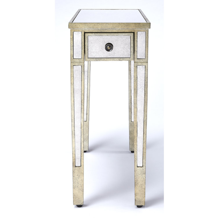 Katarina Antique Pewter Finish Mirrored Chairside Table with Storage