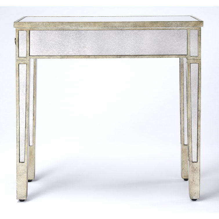 Katarina Antique Pewter Finish Mirrored Chairside Table with Storage