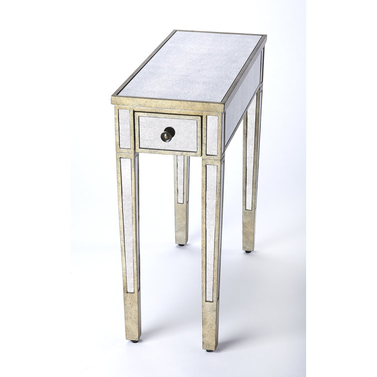 Katarina Antique Pewter Finish Mirrored Chairside Table with Storage