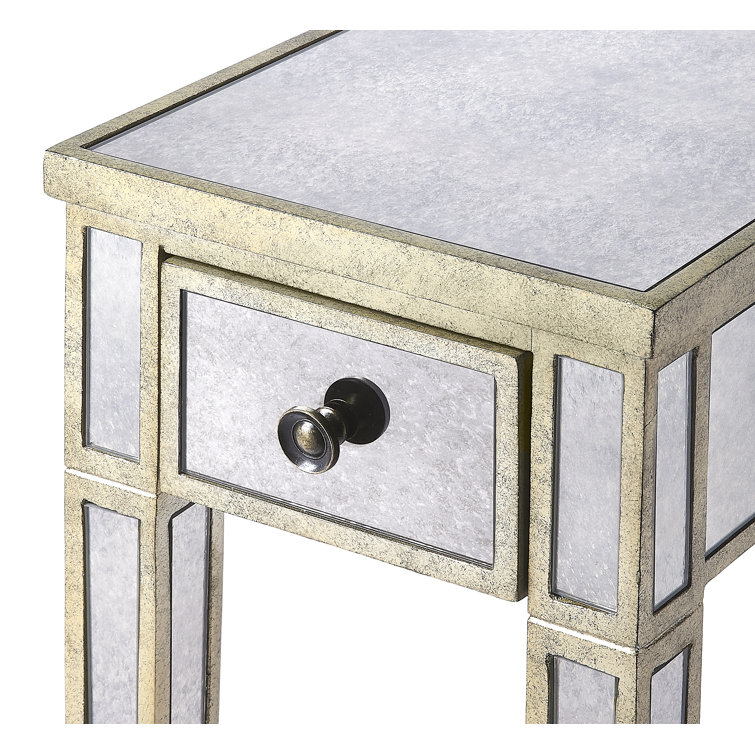 Katarina Antique Pewter Finish Mirrored Chairside Table with Storage