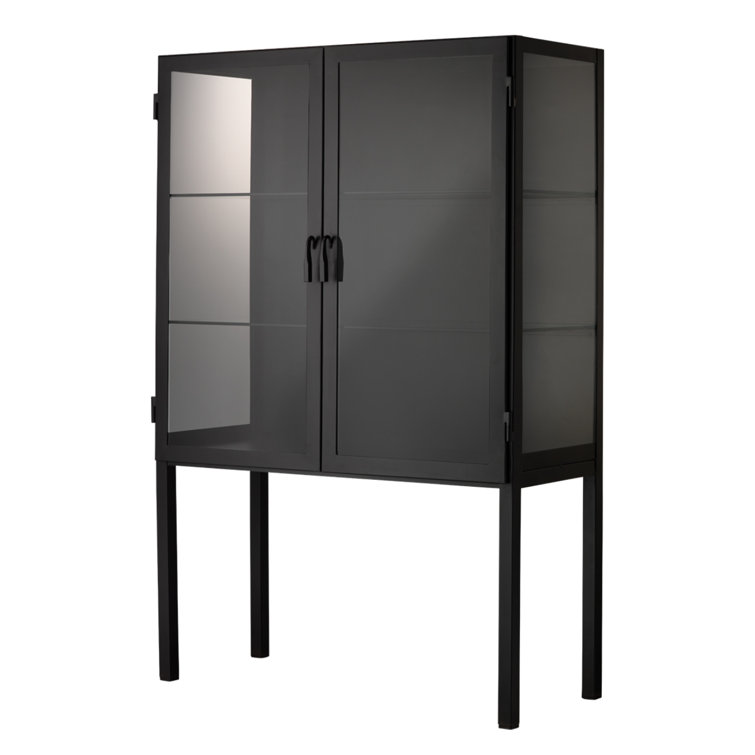 Lomita Minimalist Black Iron & Clear Glass Wide Storage Cabinet