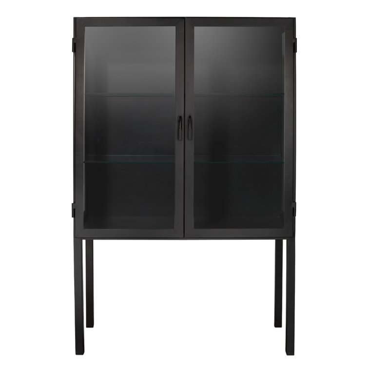 Lomita Minimalist Black Iron & Clear Glass Wide Storage Cabinet