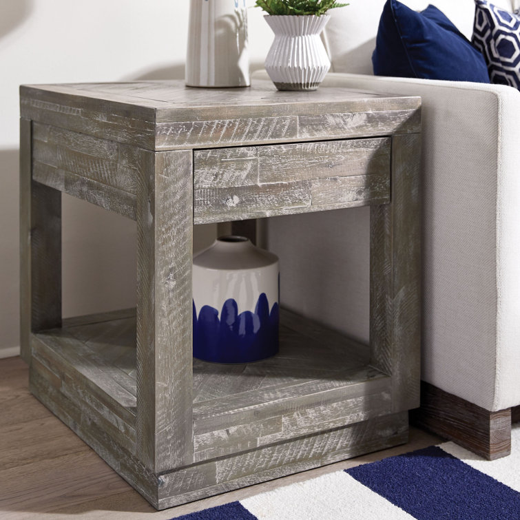 Rustic Latte Solid Wood End Table with Storage