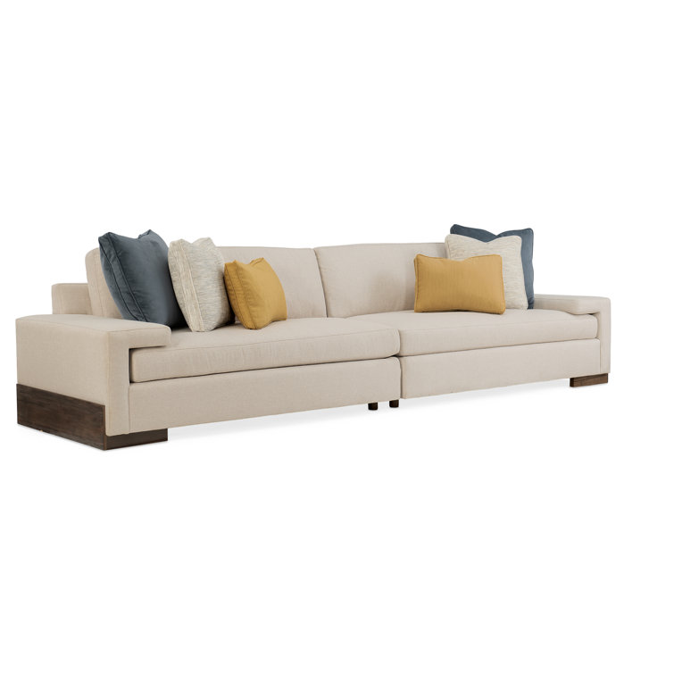 Beige Linen Two-Piece Sectional Sofa with Slate and Goldenrod Pillows