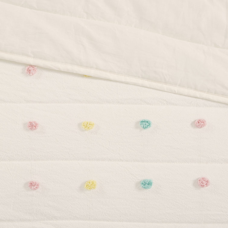 Callie Pom Pom Cotton Jacquard Full/Queen Quilt Set in Cream/Aqua/Teal