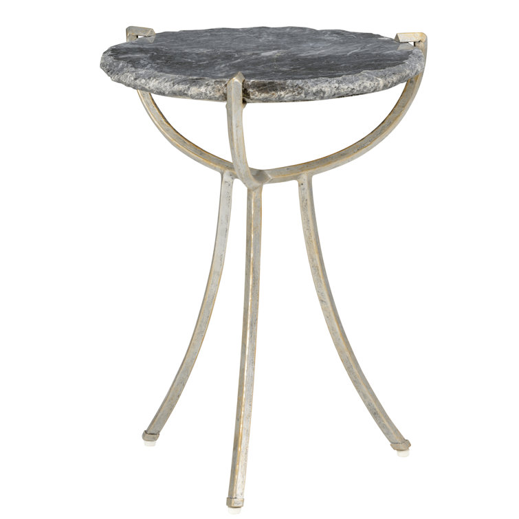 Natural Gray Round Stone and Metal End Table