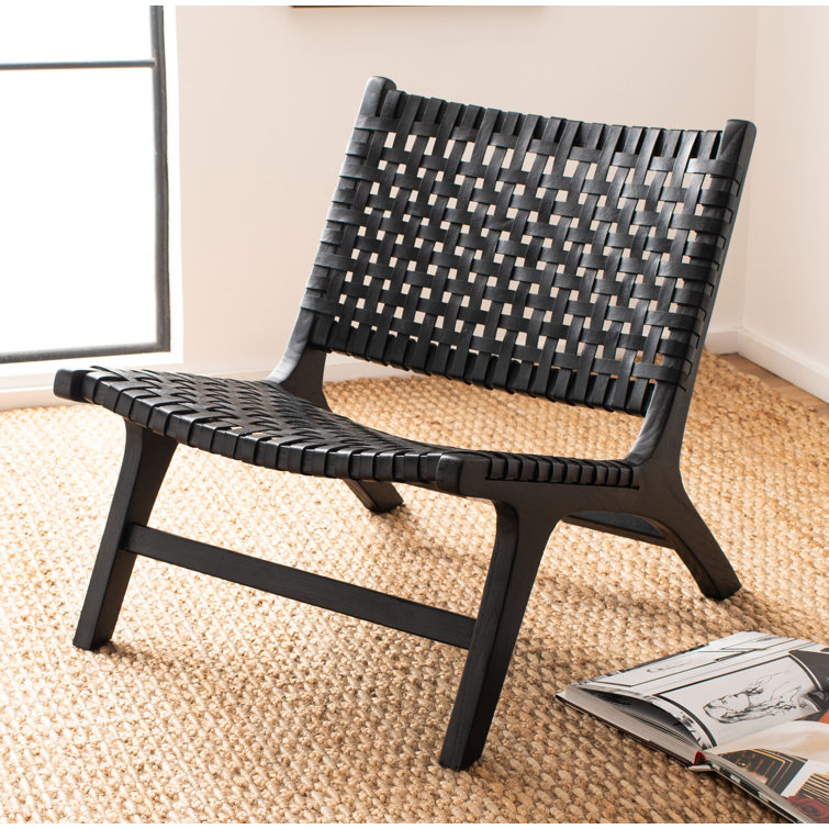 Luna Black Leather Woven Accent Chair with Sungkai Wood Frame