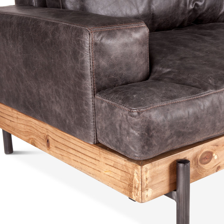 Portofino Distressed Antique Ebony Leather Oak Wood Sofa