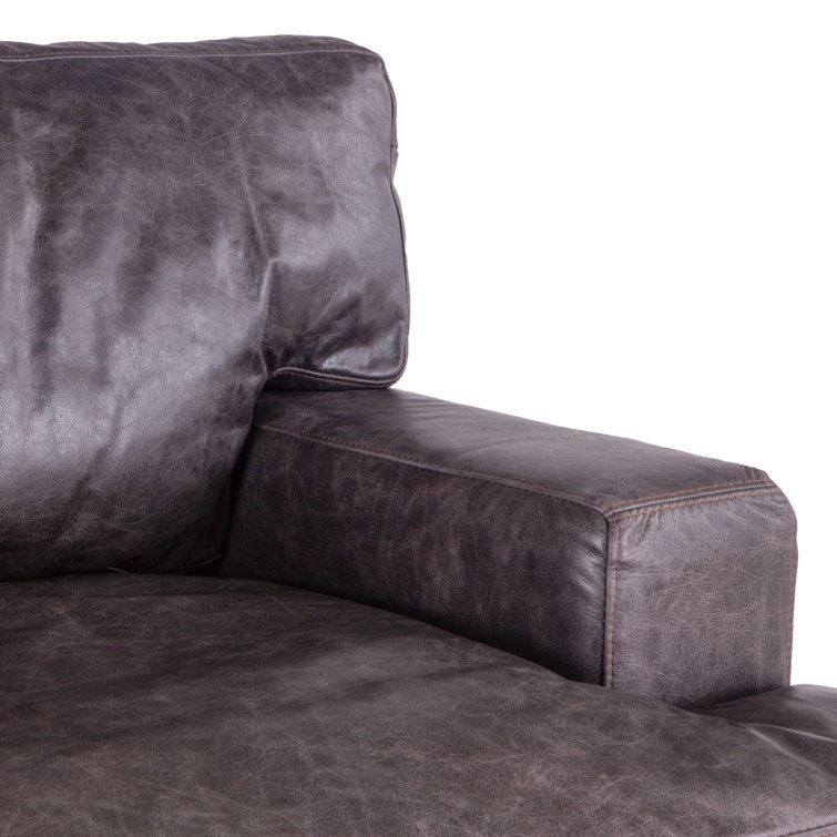 Portofino Distressed Antique Ebony Leather Oak Wood Sofa