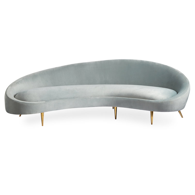 Bergamo Azure Velvet Ether Curved Sofa with Polished Brass Legs