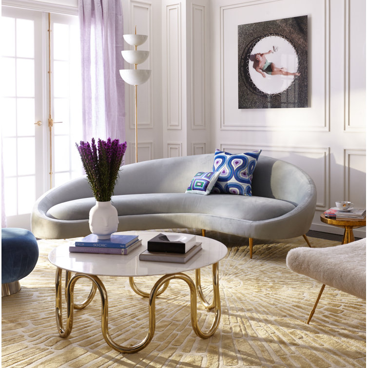 Bergamo Azure Velvet Ether Curved Sofa with Polished Brass Legs