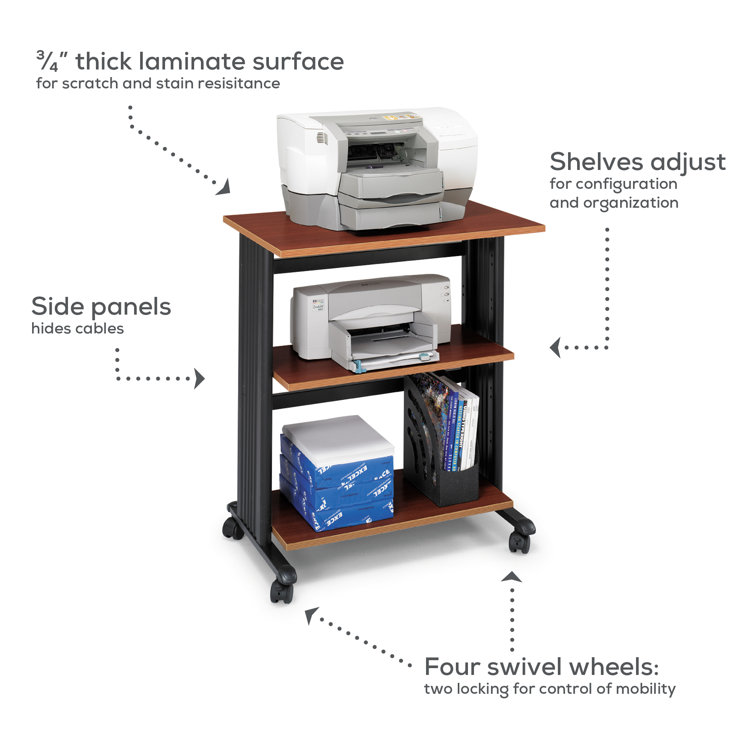 Cherry Wood Finish Mobile Printer Stand with Adjustable Shelves
