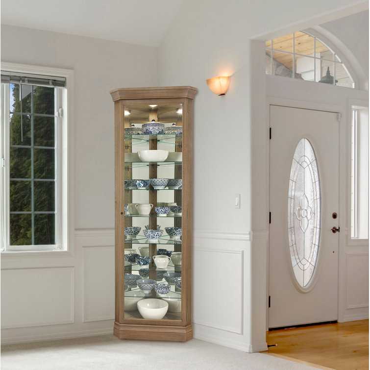 Aged Gray Lighted Corner Curio Cabinet with Glass Shelves