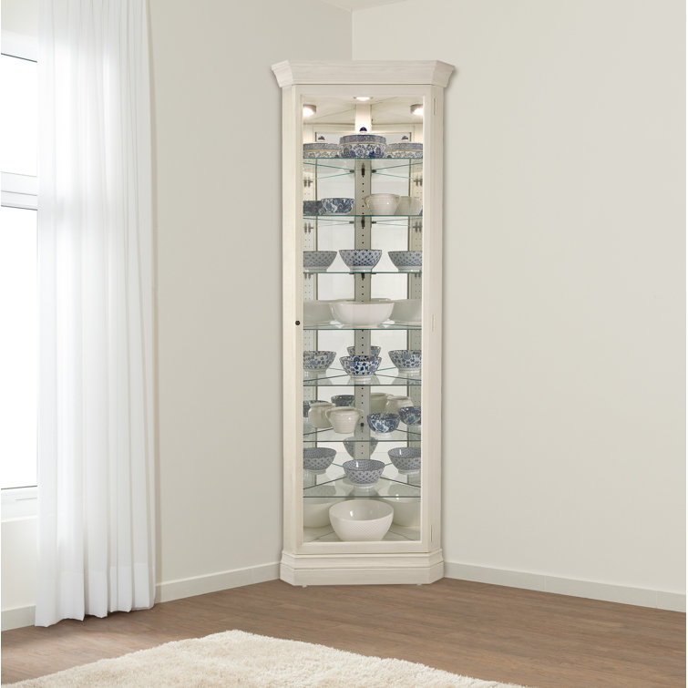 White Lighted Corner Curio Cabinet with Glass Shelves