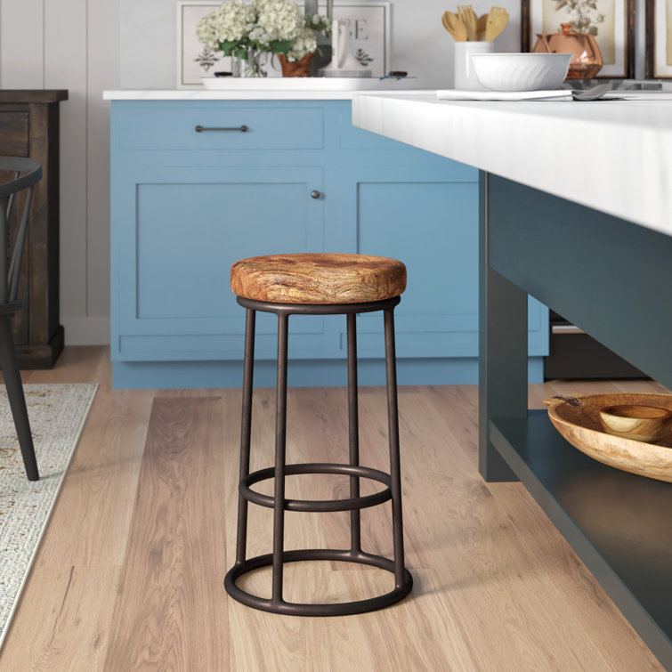 Circular Mango Wood and Iron 24'' Counter Stool in Brown and Black