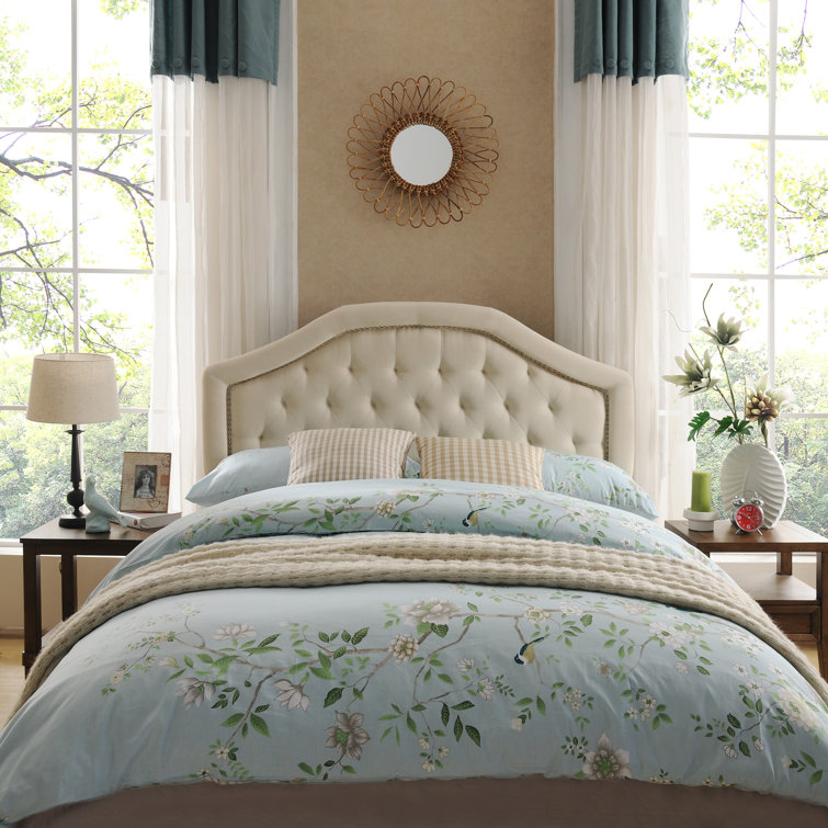 Beige Full Camelback Tufted Upholstered Headboard with Nailhead Trim