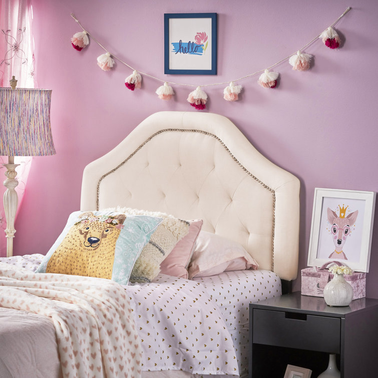 Beige Full Camelback Tufted Upholstered Headboard with Nailhead Trim