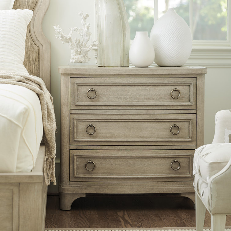 Malibu Hickory Veneer 3-Drawer Nightstand with Silvery Gray Handles