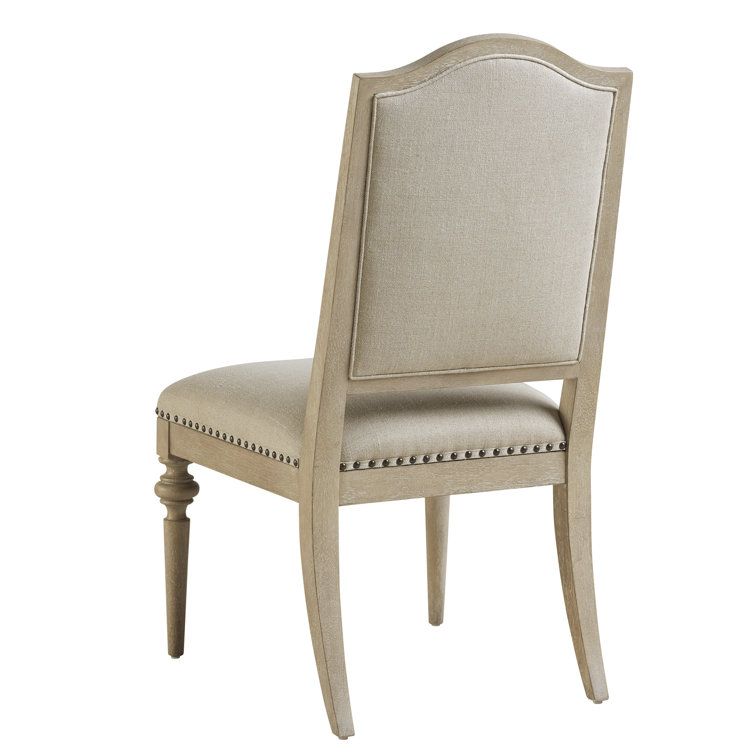 Contemporary Linen Beige Upholstered Side Chair with Smoked Nickel Details