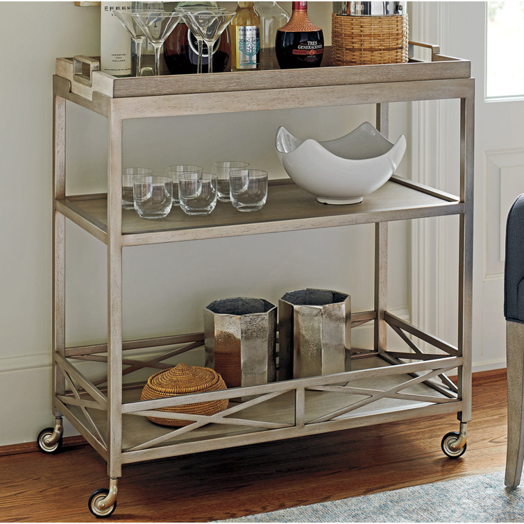 Beige Metal and Wood Bar Cart with Storage