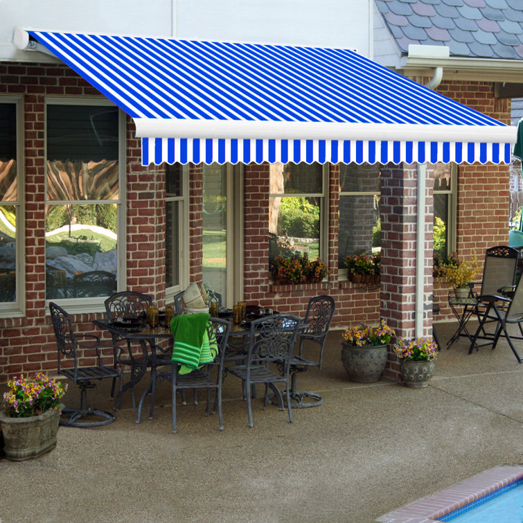 Blue and White Striped Motorized Retractable Patio Awning with Cassette