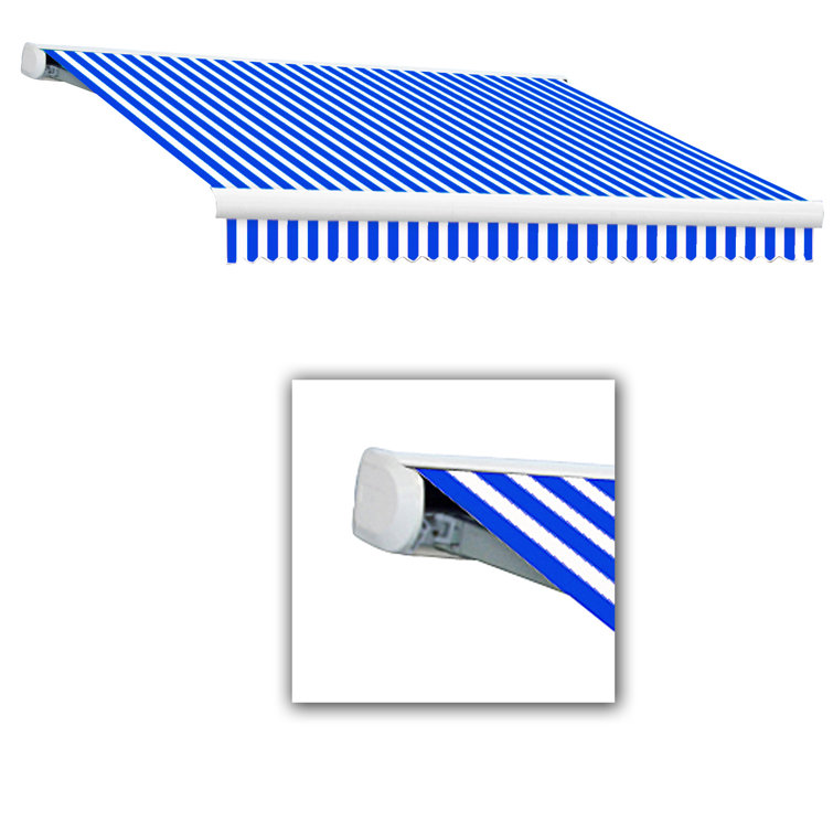 Blue and White Striped Motorized Retractable Patio Awning with Cassette