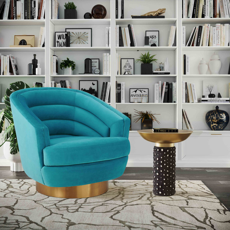 Blue Velvet Swivel Chair with Gold Base