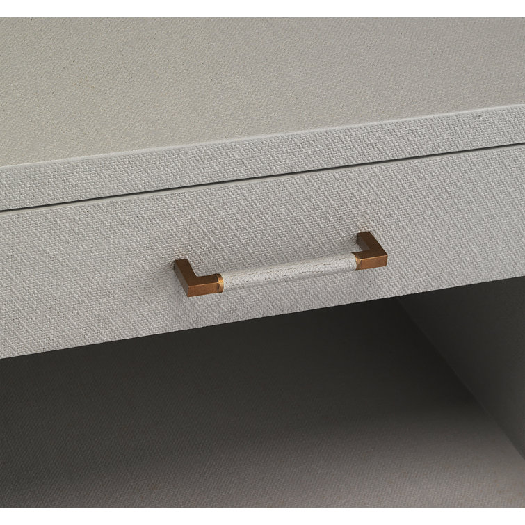 Light Gray Solid Wood 2-Drawer Nightstand with Faux Linen Accents
