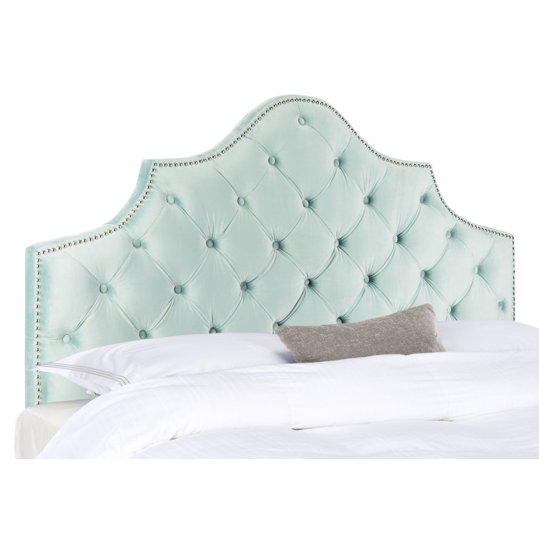Seafoam Velvet Tufted Queen Headboard with Nailhead Trim