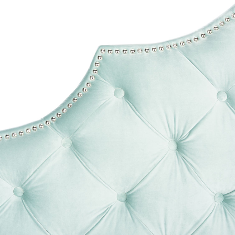 Seafoam Velvet Tufted Queen Headboard with Nailhead Trim
