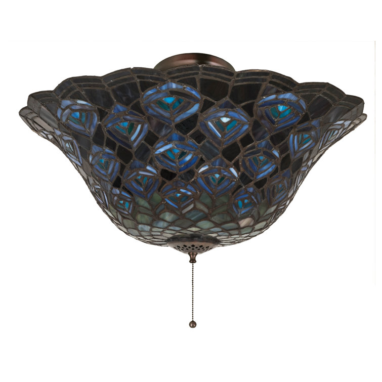 Victorian Tiffany Peacock Feather 3-Light Flush Mount in Bronze