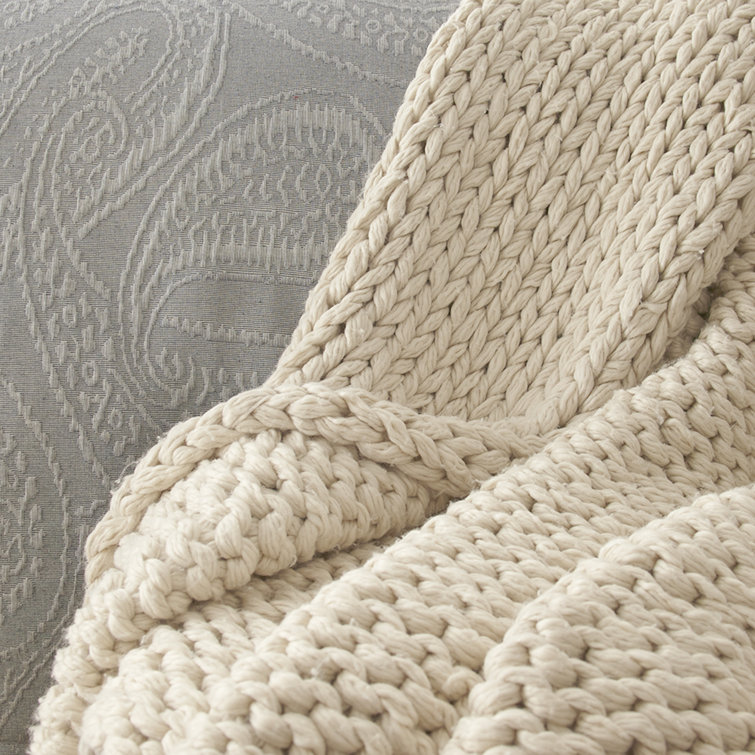 Ivory Cable Knit Wool Throw Blanket
