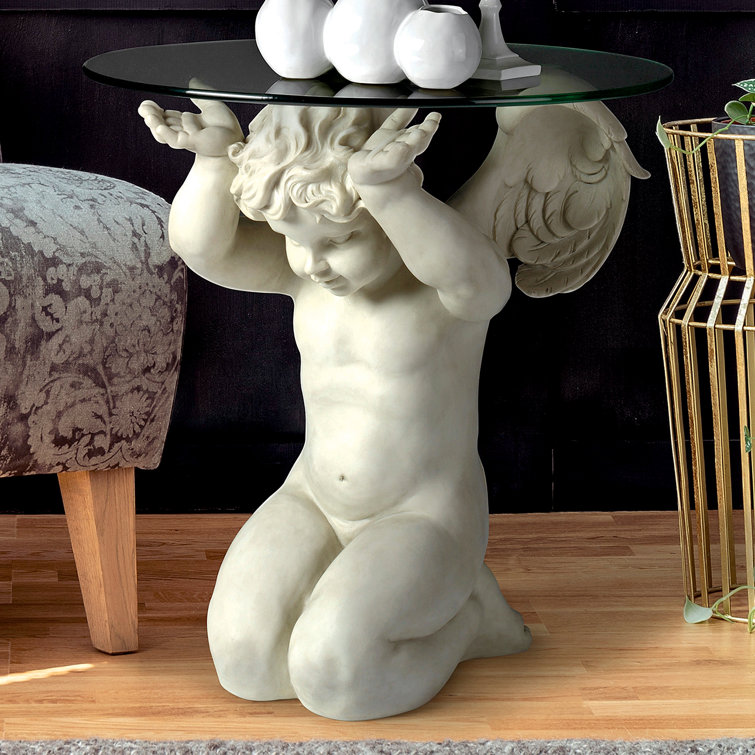 Celestial Cherub 21" Glass-Topped Resin End Table in Antique Stone