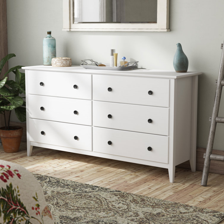 Brushed White Coastal Solid Pine 6-Drawer Dresser